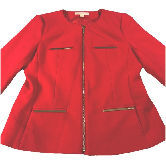 Michael Kors Long Sleeve Jacket Red Women's Size 12 Womens Full Zip Gold Accents - Picture 1 of 15